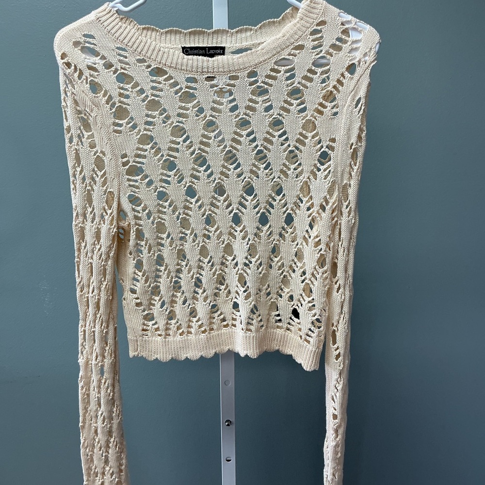 Christian Lacroix Beige Crochet Knit short Sweater BOLO